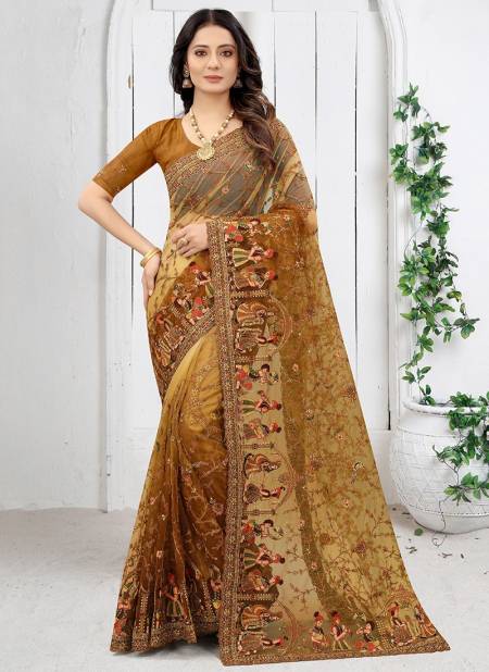 Mustard Fancy Designer Stylish Party Wear Heavy Net Embroidery Work Saree Collection 5760